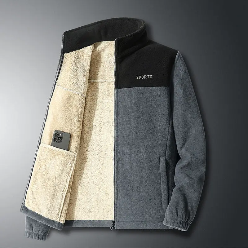 Polar Fleece Jacket Men Contrast color Embroidery Letter Pockets Warm Coats Thickened Outdoor Leisure Fleece Cardigan Sweatshirt