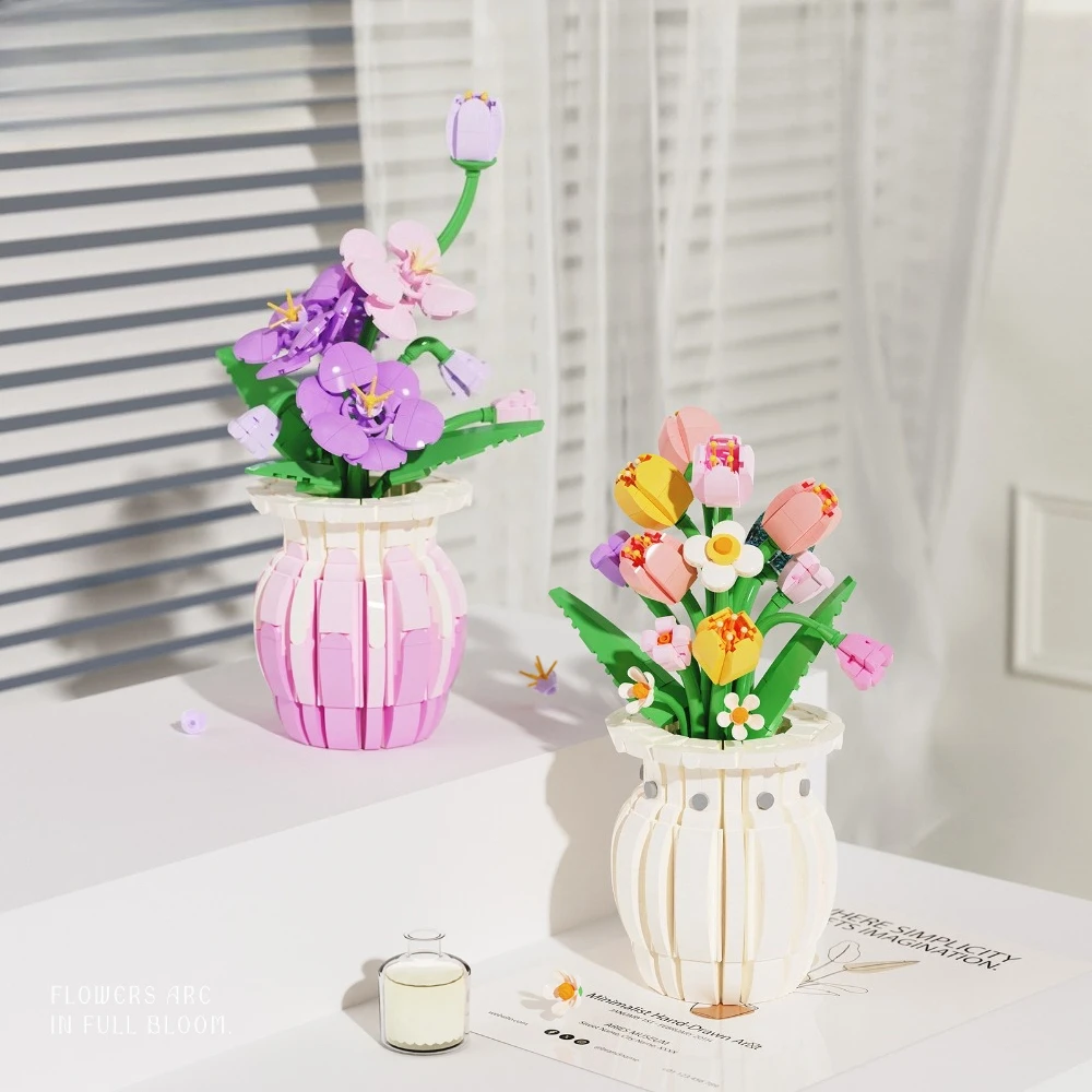 MOC Blooming Purple Flower Succulent Plant Building Blocks Set Violet Tulip Room Desk Decor Toys Children Birthday Holiday Gifts