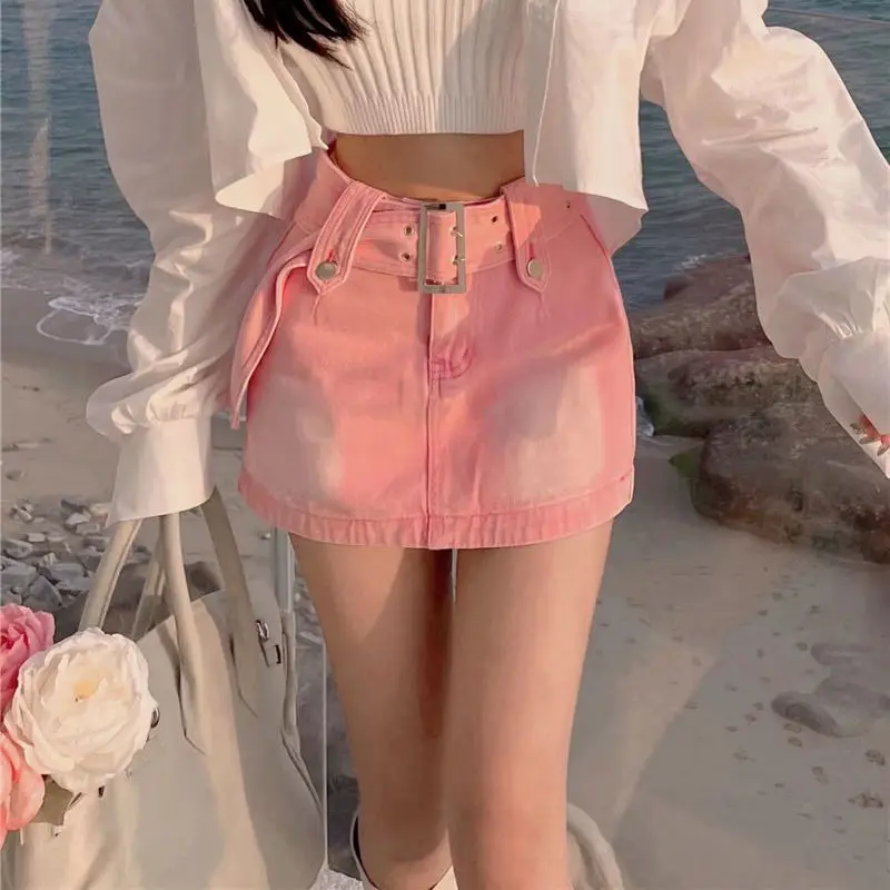 

Korea Y2K Short Skirt Vintage Women Button Belted Short Denim Mini Skirts High Waiste Jeans A-line Skirt 2024 New