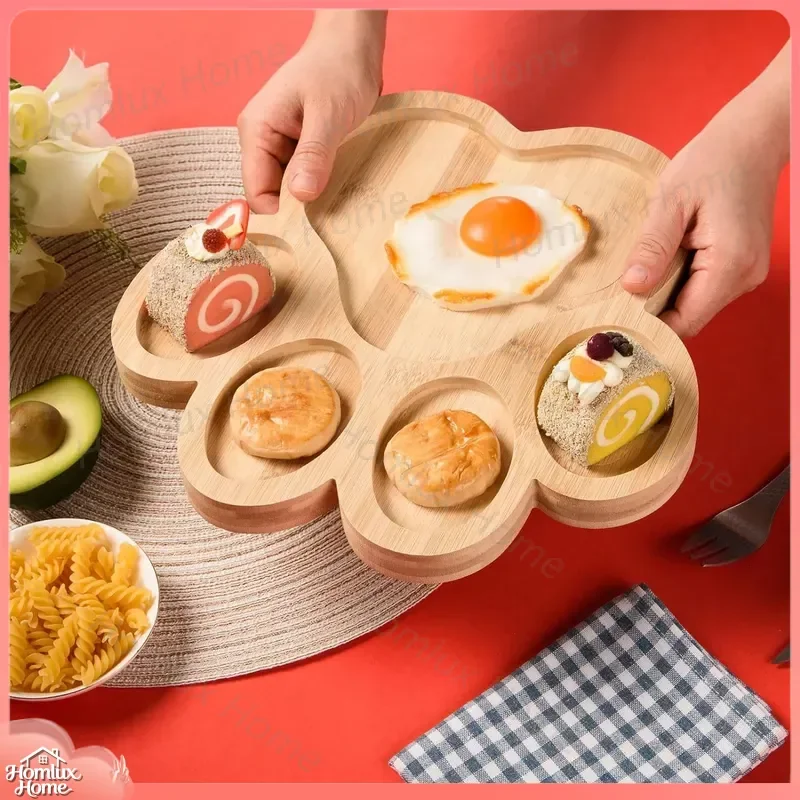Bamboo Wood Cat Shaped Dinner Plate Paw Design Dog Bone Candy Serving Tray Wooden Cutting Board Grid Pattern Household Food