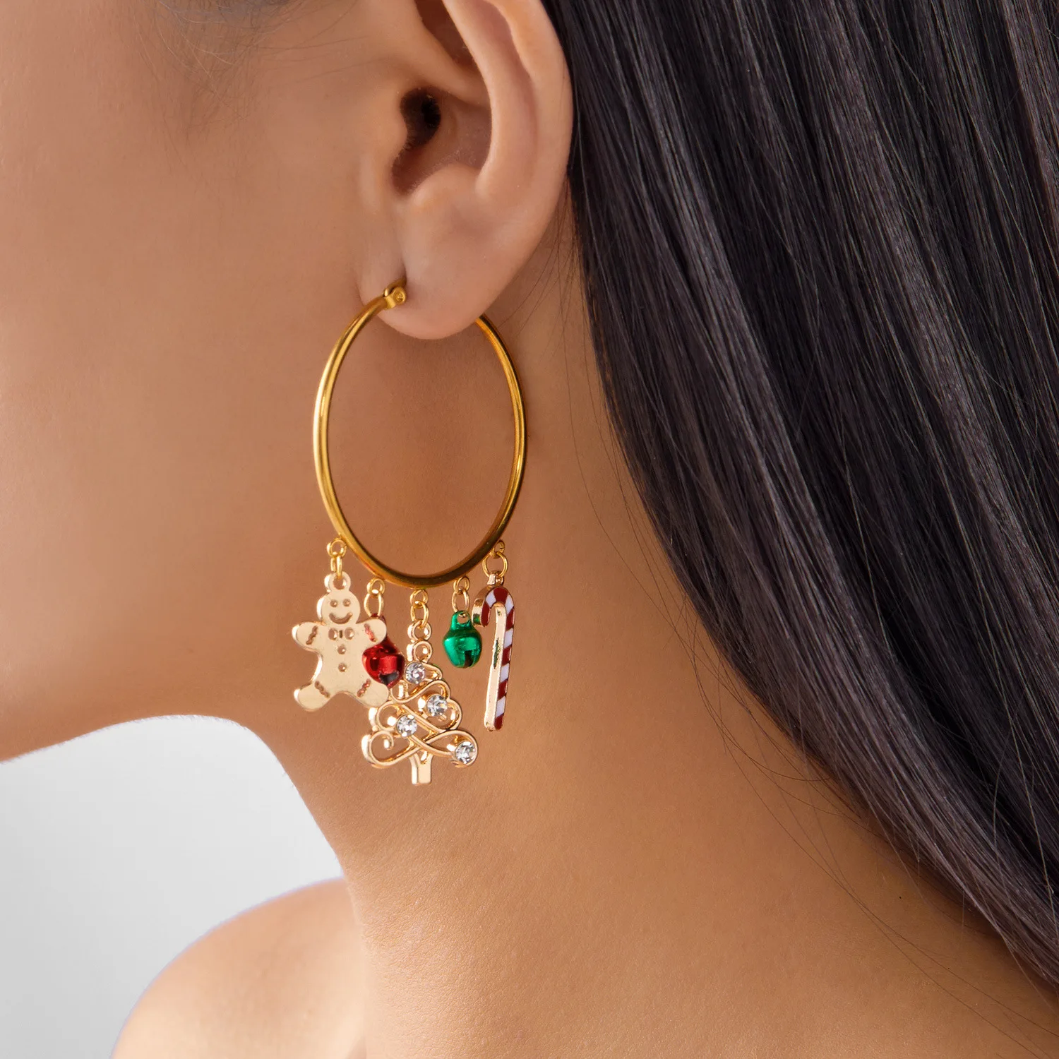 Christmas tree bells canes gingerbread man pendant earrings women's versatile metal texture holiday exaggerated Christmas earrin
