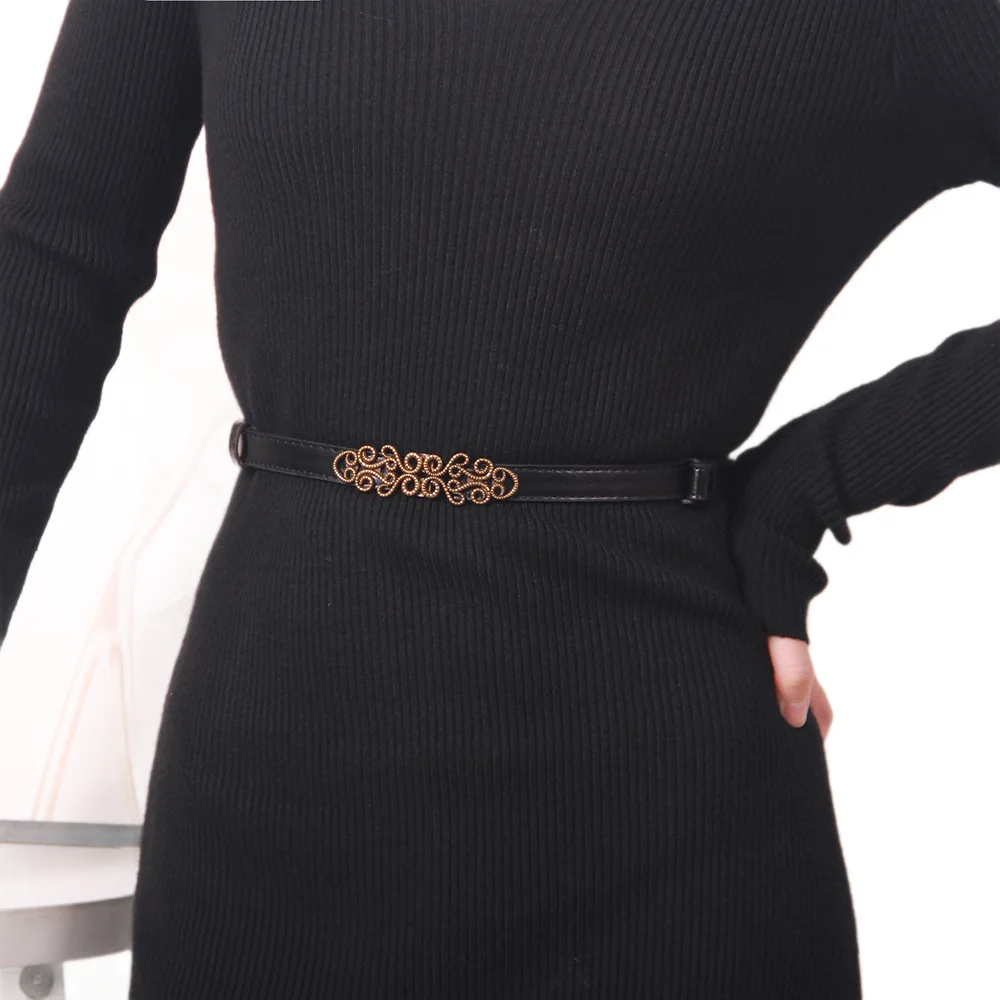 New Hollow Floral Metal Buckle Hole Adjustable Thin Pu Leather Waist Belt Curly Floral Metal Accessory Hole Less Sliding Design