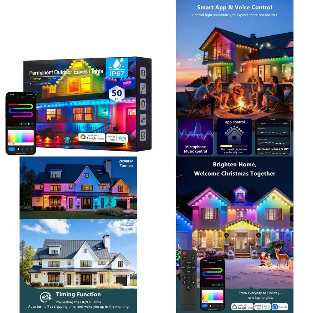 

Наружные светодиодные фонари RGB, водонепроницаемость 50 футов, 120 сцен, яркость 596 лм, приложение/дистанционное управление, совместимость с Alexa и Google A