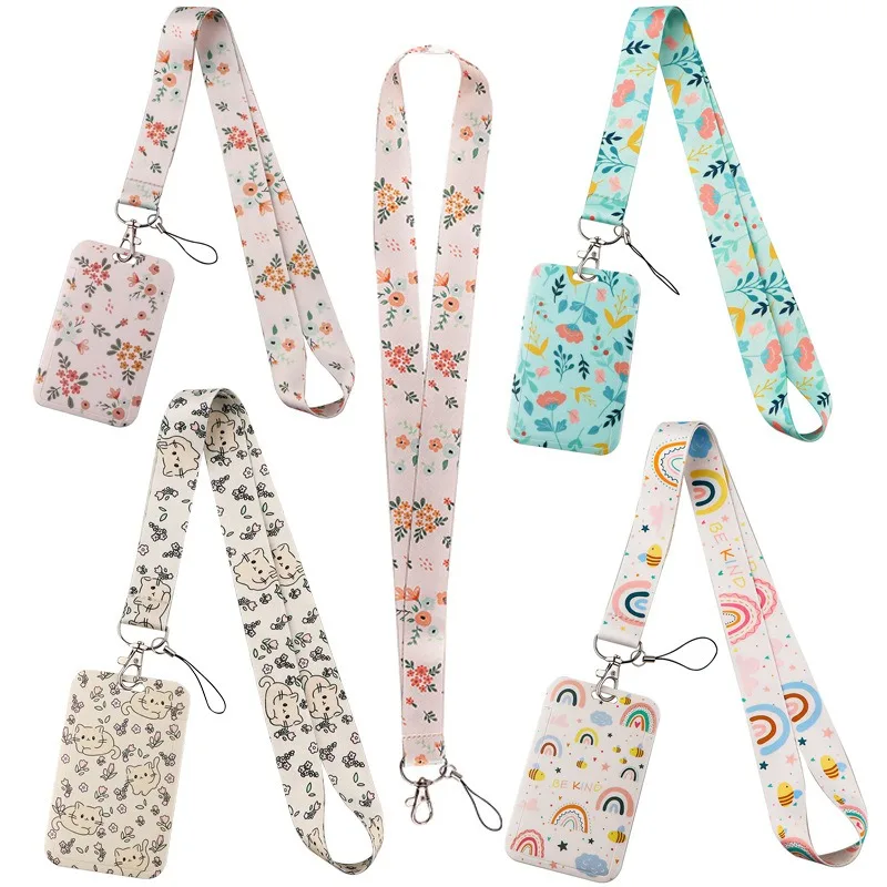 Cute Cartoon Flower Cat Print Phone Lanyard Card Holder Campus Bus Pass Work ID Card Protector with Neck Strap Lanyard Set