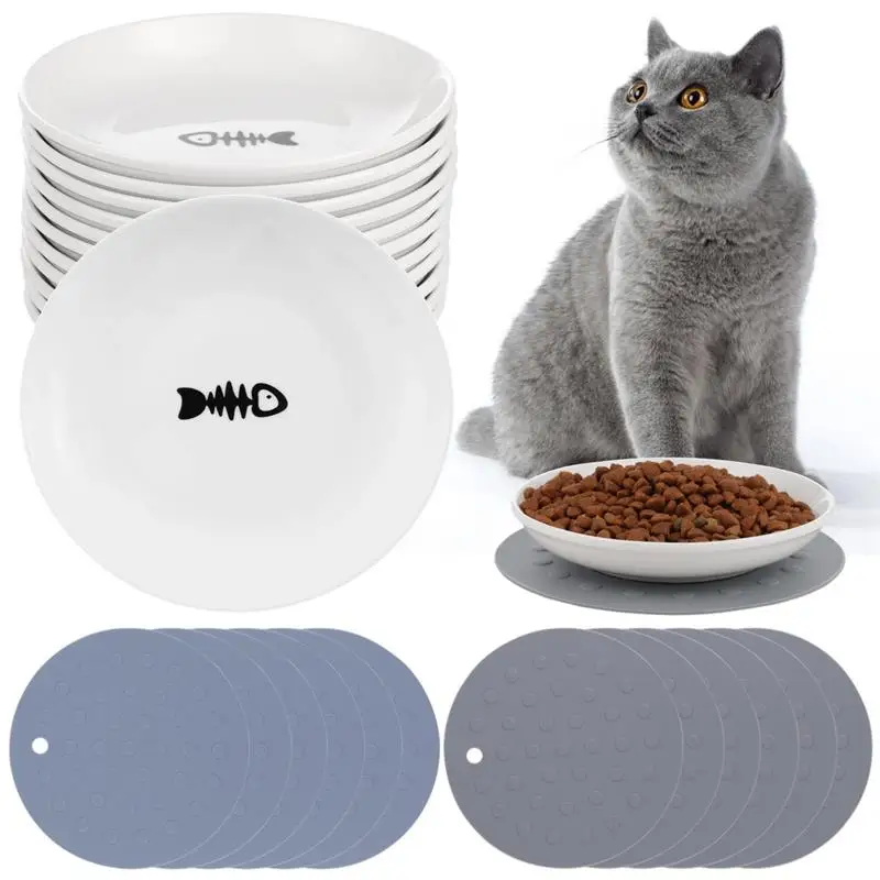 12Pcs Cat Bowls With 12 Non-Slip Mats Wide Shallow Cat Plates For Whiskey Fatigue Relief 15cm/6’' Ceramic Cat Feeding Dishes