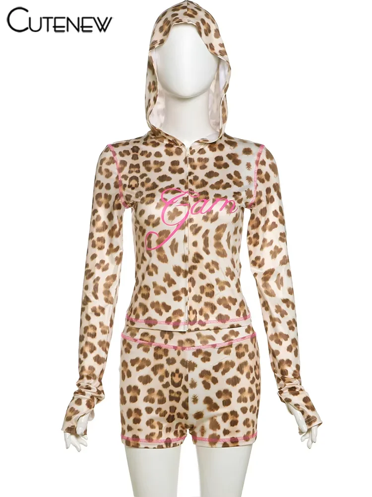 

Cutenew Street Popular 2 Piece Set Women Matching Leopard Print Zip-up Hooded Crop Tops+Skinny Shorts Female Fashion New Outfits