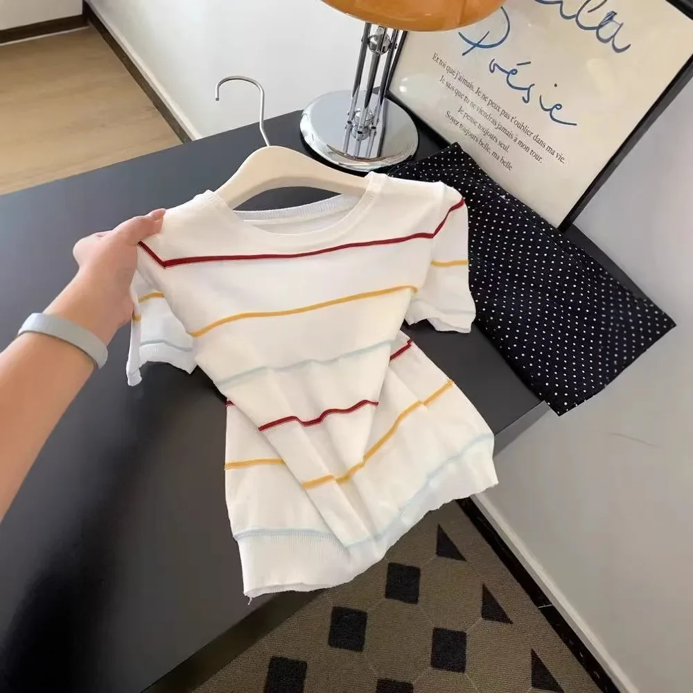 

2026 Spring and Summer New Contrasting Stripes Casual Round Neck Knitted Short-sleeved T-shirt Short Styles Inside and Outside