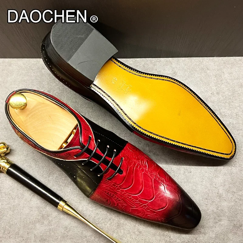 Zapatos de piel auténtica para hombre, calzado informal con cordones, punta estrecha, estampado, color rojo y negro, para boda y oficina