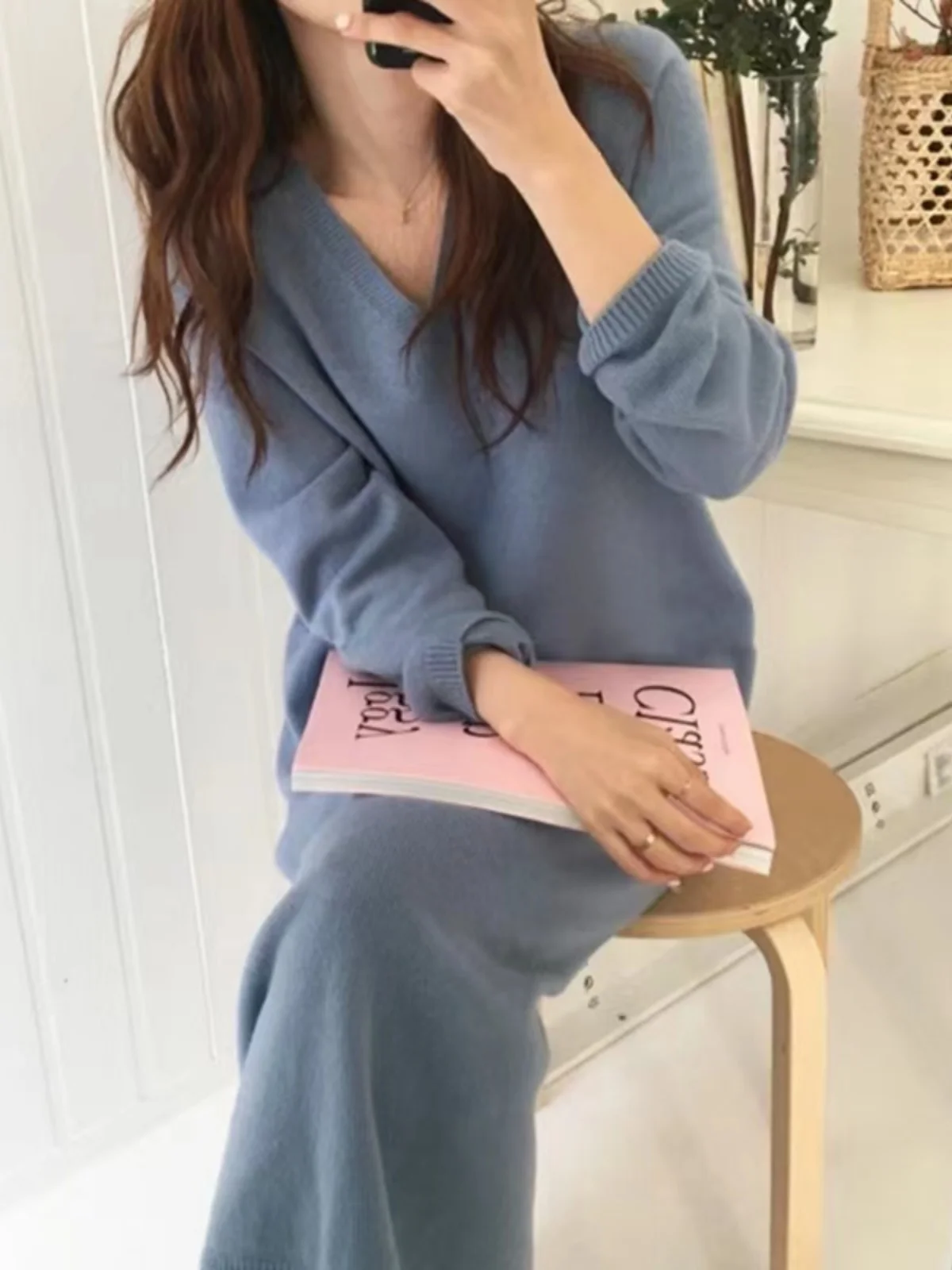 

Thiened Knitted Long Dr Women's Winter Lazy Sle V-ne Loose Slimming Long Sve Base High Sense Over-knee Dr