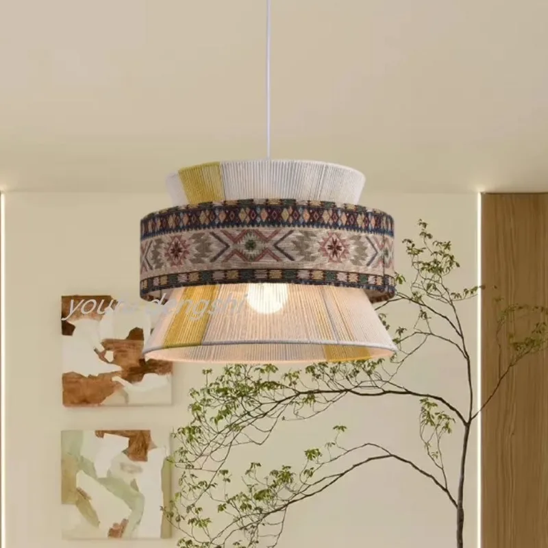 Bohemian Fringe Pendant Lamp Colorful Hand-Woven Hemp Rope fabric lamp Vintage Dining Room Home Decor medieval hanging Lamp