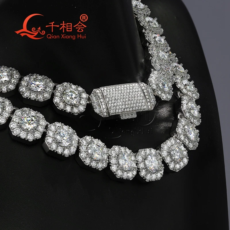 Necklace 10mm 12mm Octagonal Square Hip Hop  Silver 925 Cuban Link D VVS Moissanite ice cut Link Chain Jewelry  Women Men Gifts