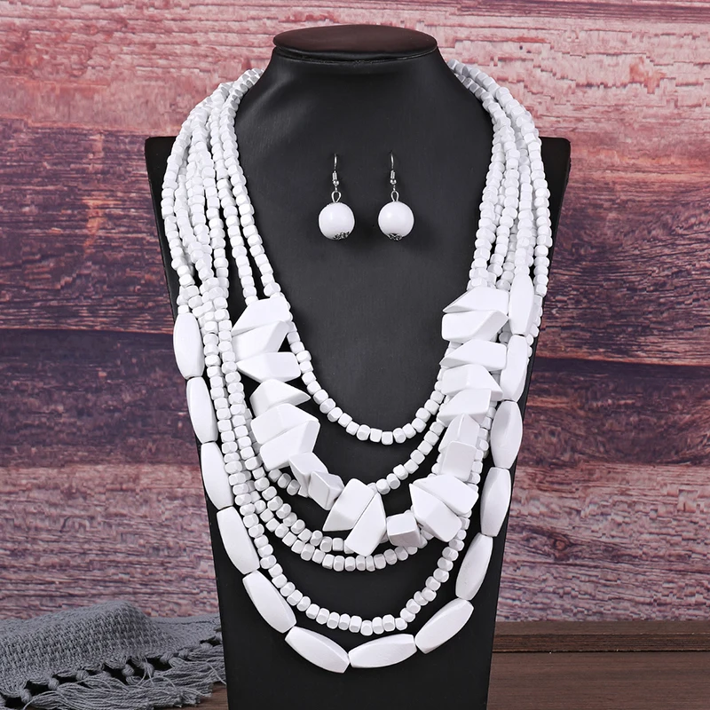 New 7 Multi Layer Handmade Round Wood Necklace Jewelry Set Vintage Statement Collar Boho Bib Beads Long African Jewelry Gifts