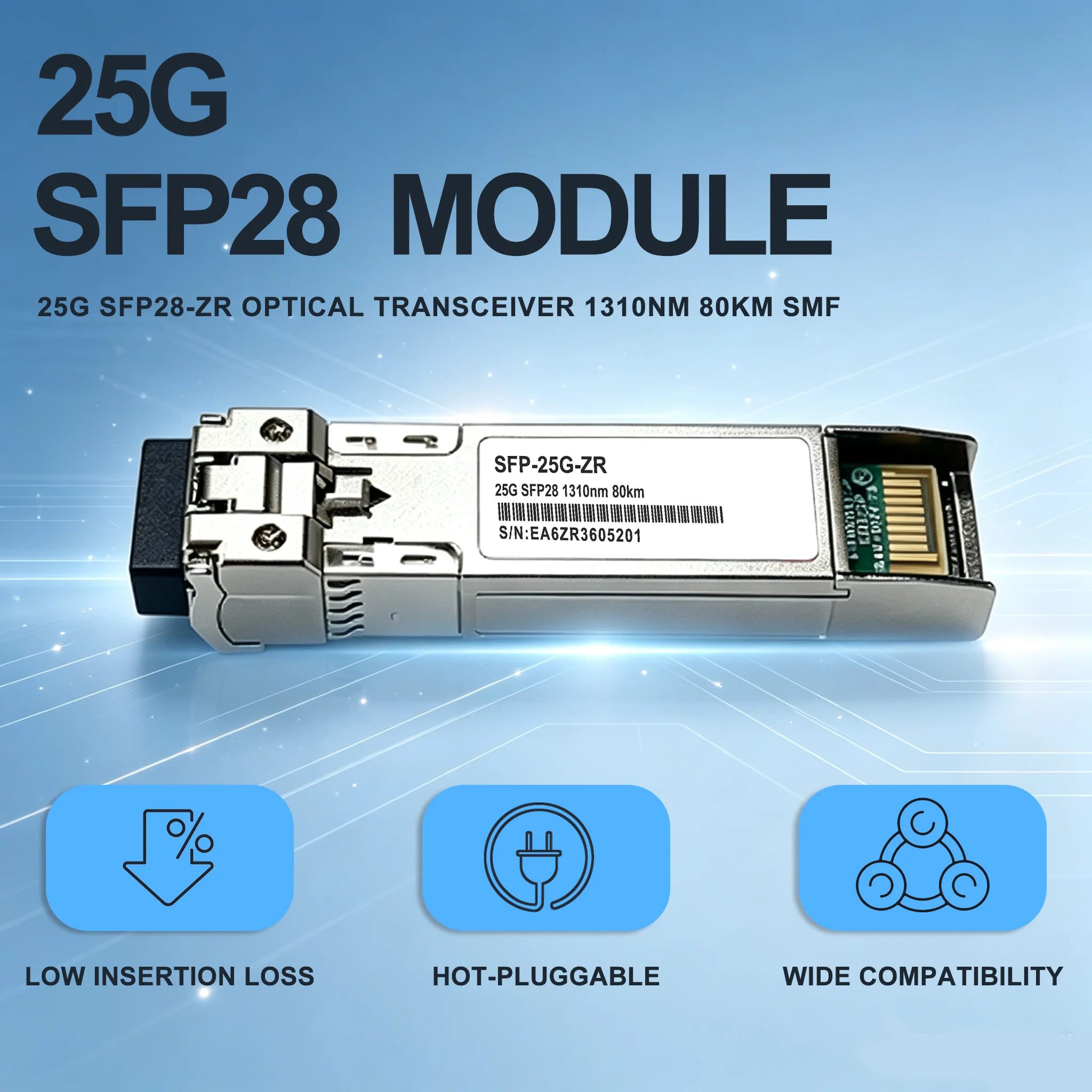 25G SFP28 ZR Optical Transceiver Module 1310nm 80km Duplex LC Compatible with Cisco Ubiquiti Mellanox Juniper Switches