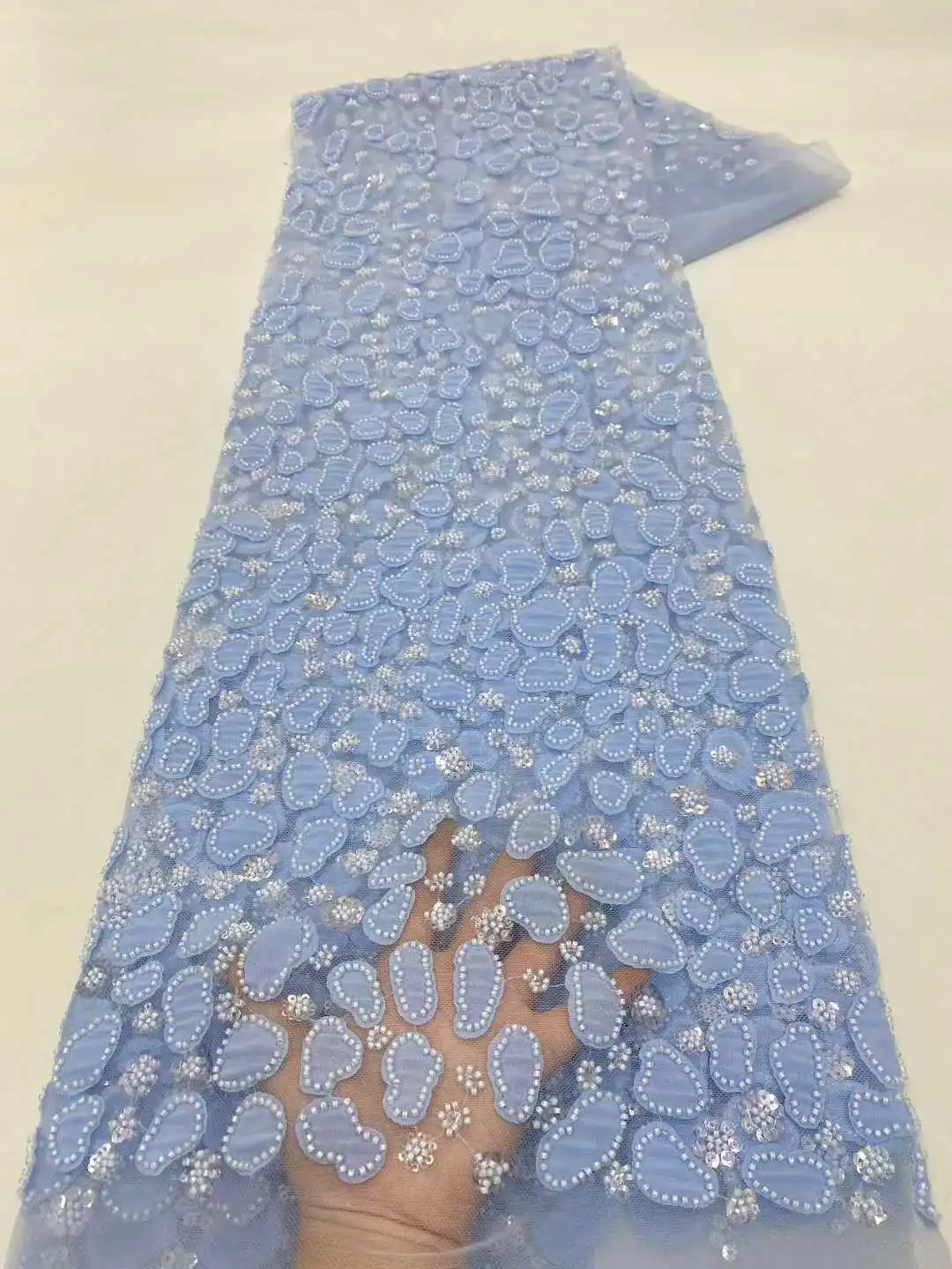 Luxo africano frisado 2025 alta qualidade lantejoulas nigerianas com renda pérola tecido de renda de tule francês para vestido de festa costura