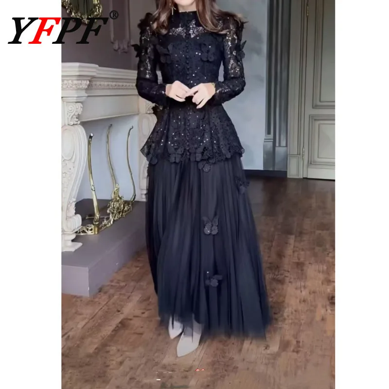 

YFPF Дизайнерский вышитый ажурный женский комплект, модная блузка с воротником-стойкой, топы + сетчатая лоскутная длинная юбка, элегантные новые комплекты 2025 года
