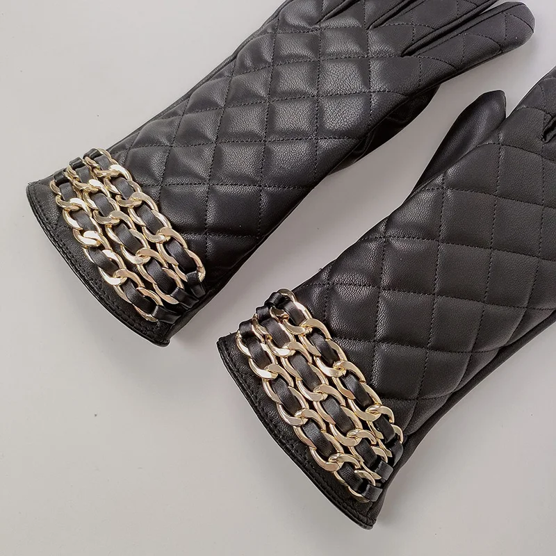 Women Black Chain Thickened Plush Inside Grid PU Artificial Leather Glove Sexy Female Nightclub Dance Punk Performance Mitten