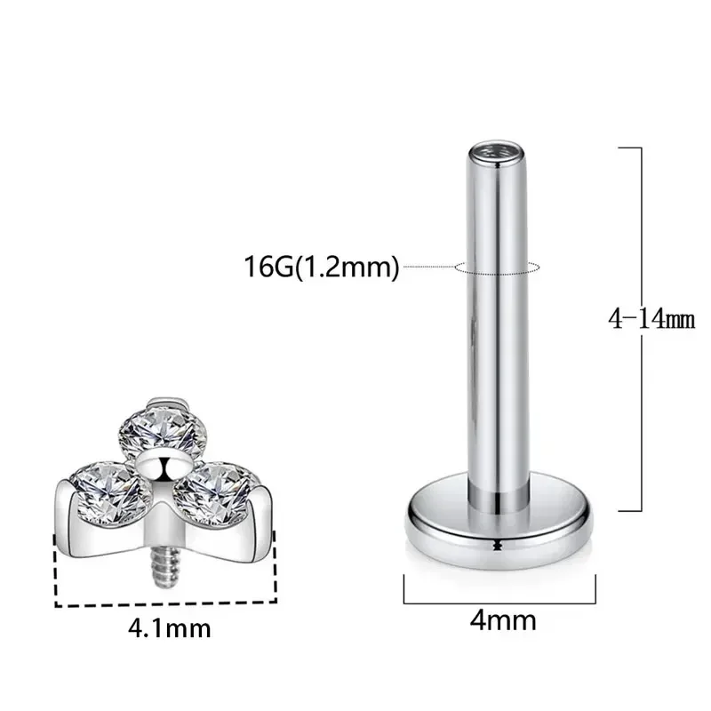 ASTM F136 Titanium Trinity Piercing Zirconia Paved Top Threaded Labret Studs Tragus Earrings Lip Tongue Stud Piercing Jewelry