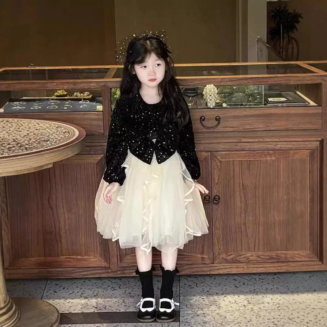 Girls Skirt Starry Sky Big Bow Mesh Dress Splicing Together Sequin Dress Princess Skirt Autumn/Winter New Style