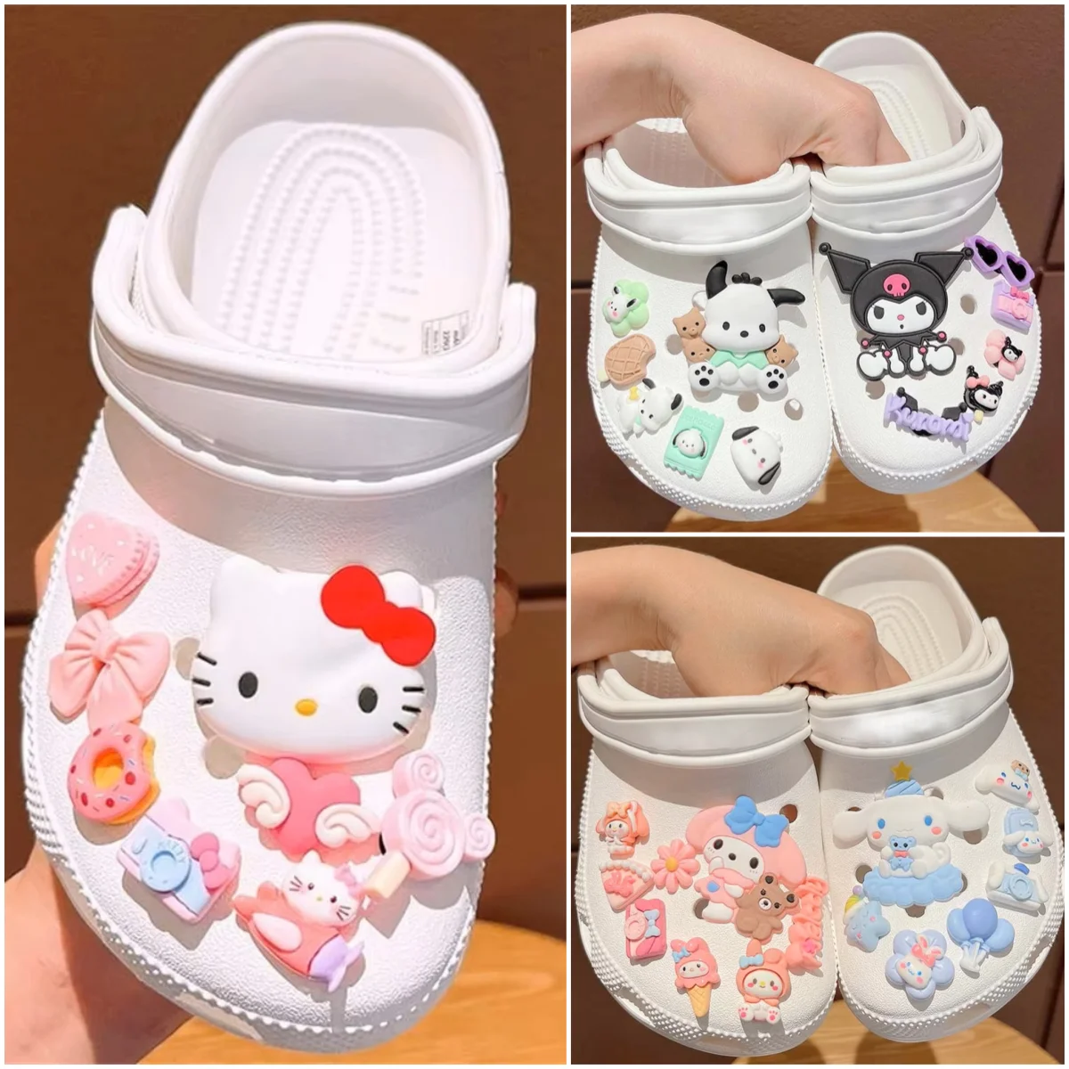 

Sanrio PVC Cartoon Sandals Accessories Cute Cinnamoroll Melody Pompompurin DIY Cavernous Slippers Decorative Girls Gifts Toys