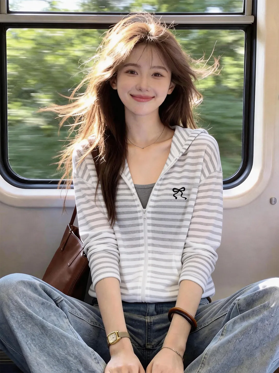 Gray Striped  Knot Sunscreen Open Cardigan Women's Summer Thin Loose Air Conditioner Cover Shirt Casual Style Long S...