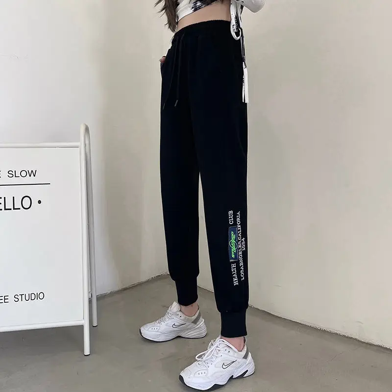 Autumn Winter Fleece Korean Fashion Solid Harem Trousers Women\'s Clothing High Waist Casual Drawstring Embroidery Sports Pants