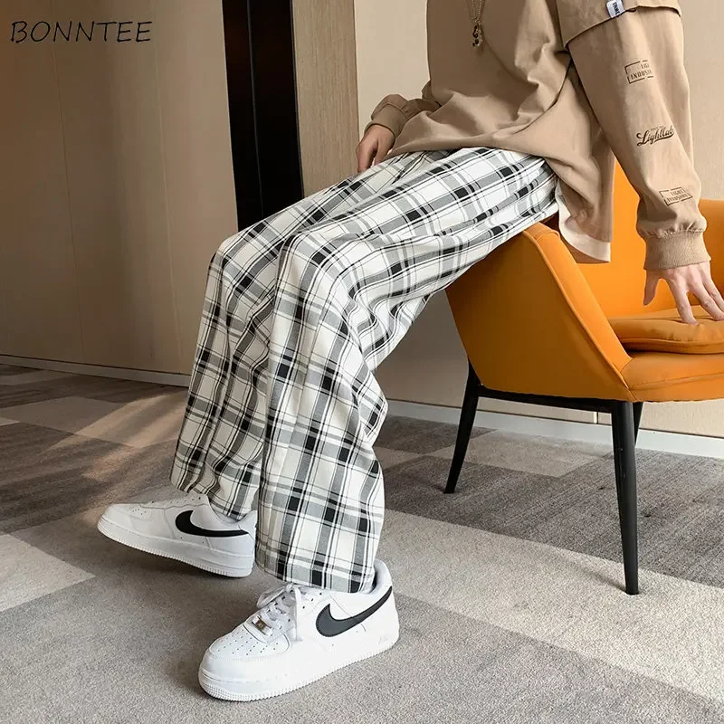 

Casual Pants Men Streetwear Plaid Wide Leg Handsome Korean Style All-match Trendy Baggy Stylish Clothing Harajuku Male