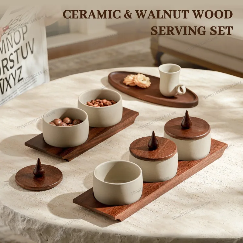 For clay fruit bowls, dried fruit trays, nut snacks, candy trays, compartment trays, dustproof solid wood lids, trays