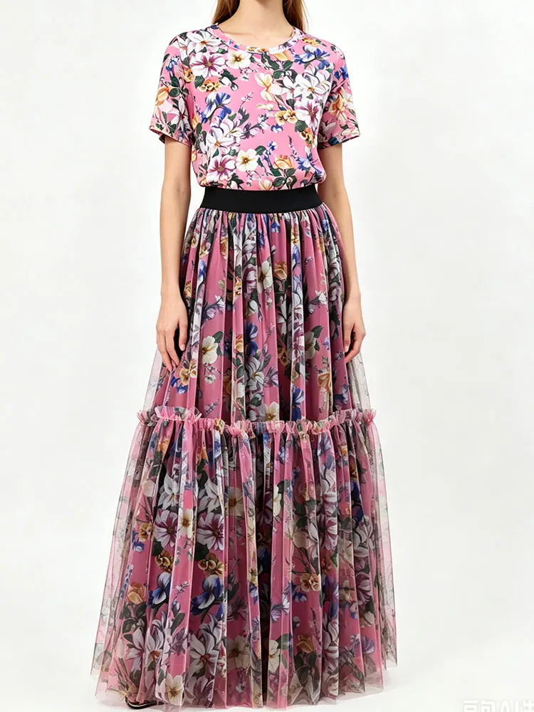 Summer new holiday women's suit flower printed round neck short sleeve gauze T-shirt elastic waist wood ear skirt fashion two-pi