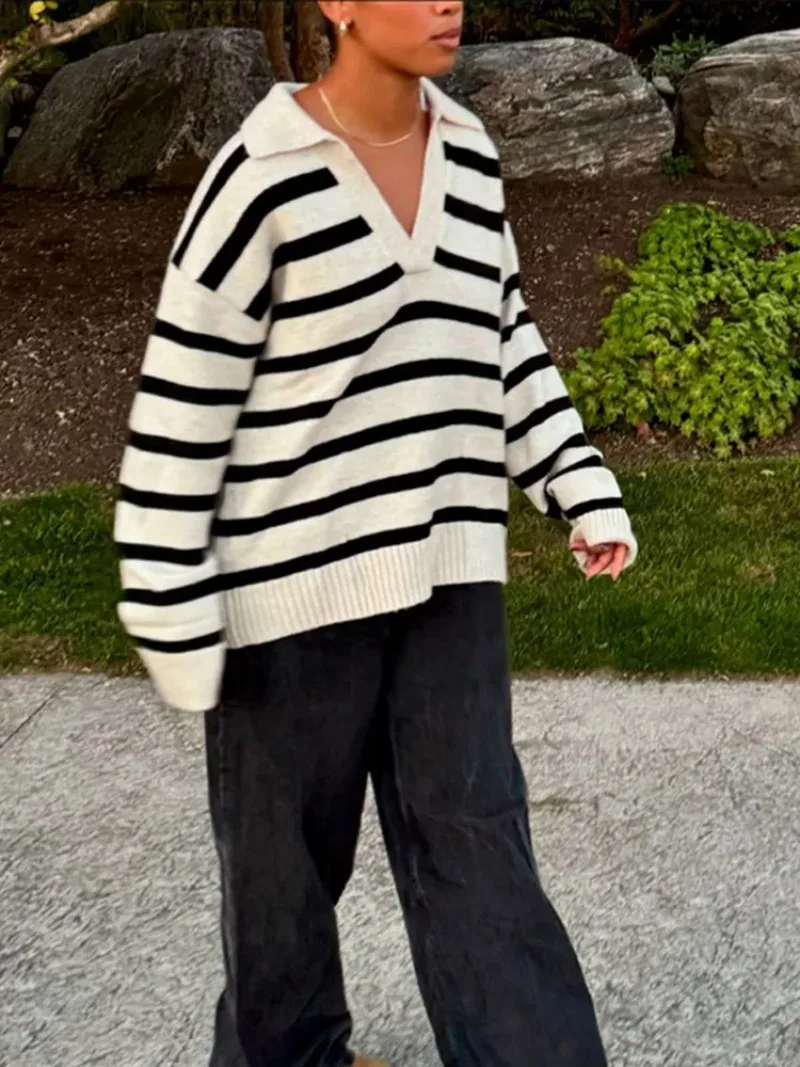 Casual Revers Frauen Streifen Gestrickte Pullover Pullover 2025, Herbst Mode Volle Hülse Lose Jumper Vintage Dame Pendeln Knittops
