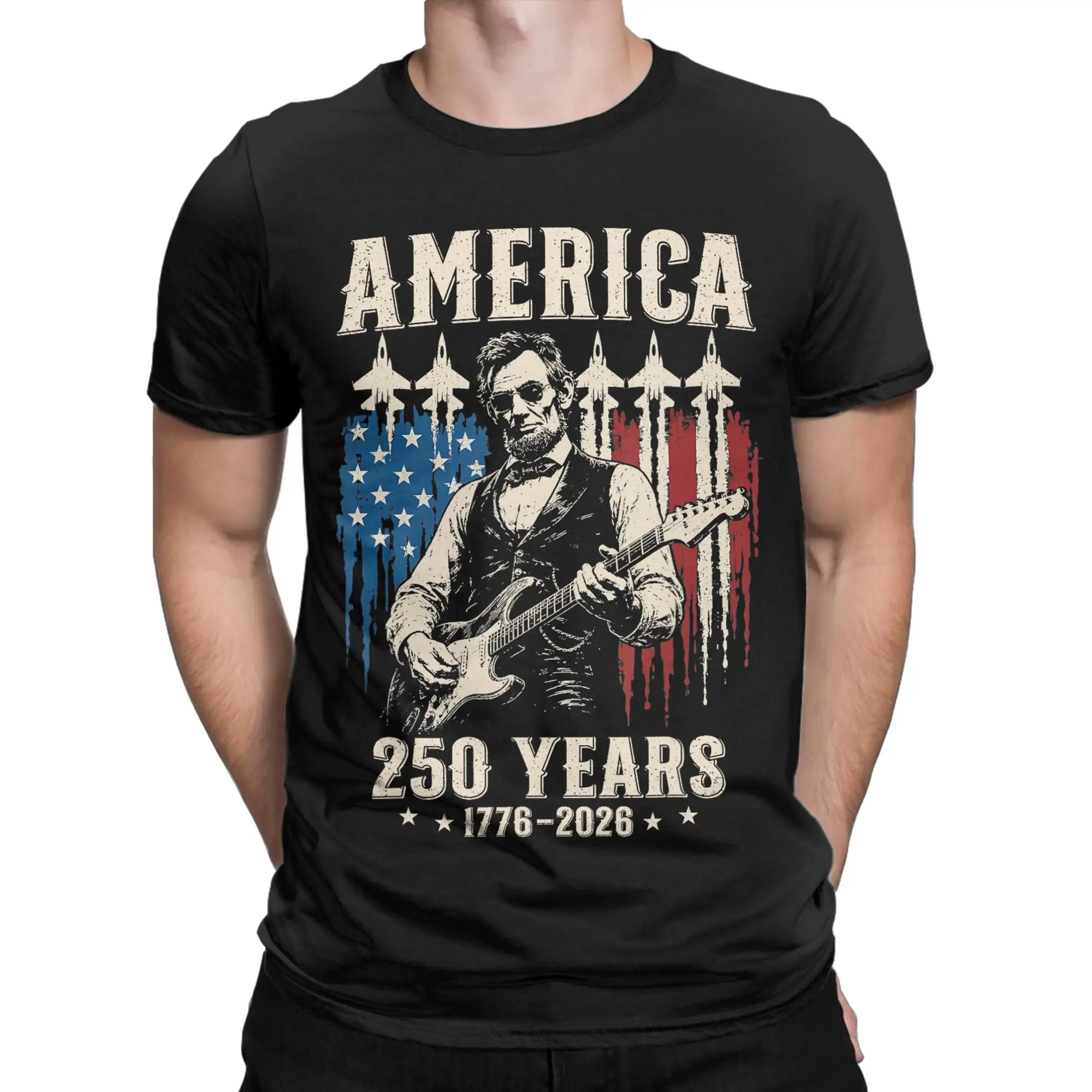 Camiseta Lincoln tocando guitarra, 250 anos da América, camiseta masculina e feminina, manga curta, gola redonda, algodão, roupas plus size