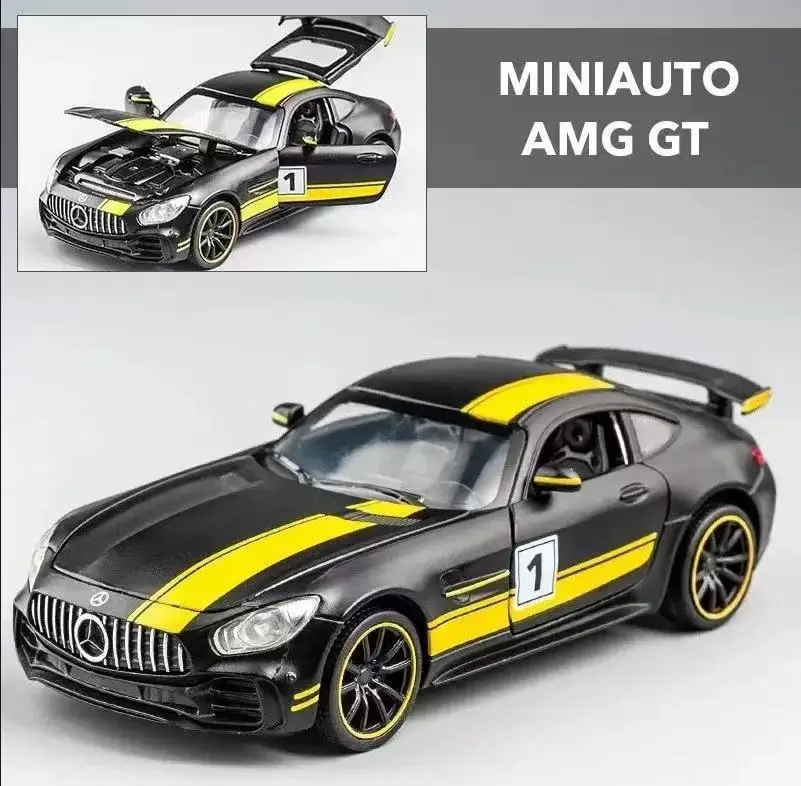 1:32 Mercedes Benz AMG GT-R adorno de modelo de coche de aleación, puertas y capó de motor, el maletero se puede abrir, juguetes eléctricos para niños
