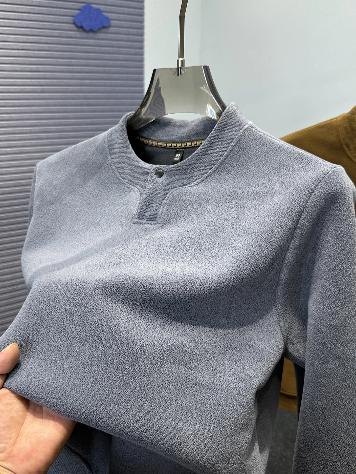 

Thiened Long Sve Hoodie Men's Casual Wear Polyester Fiber Henry Collar Base irt Mid-aged Autumn Winter Thermal Top