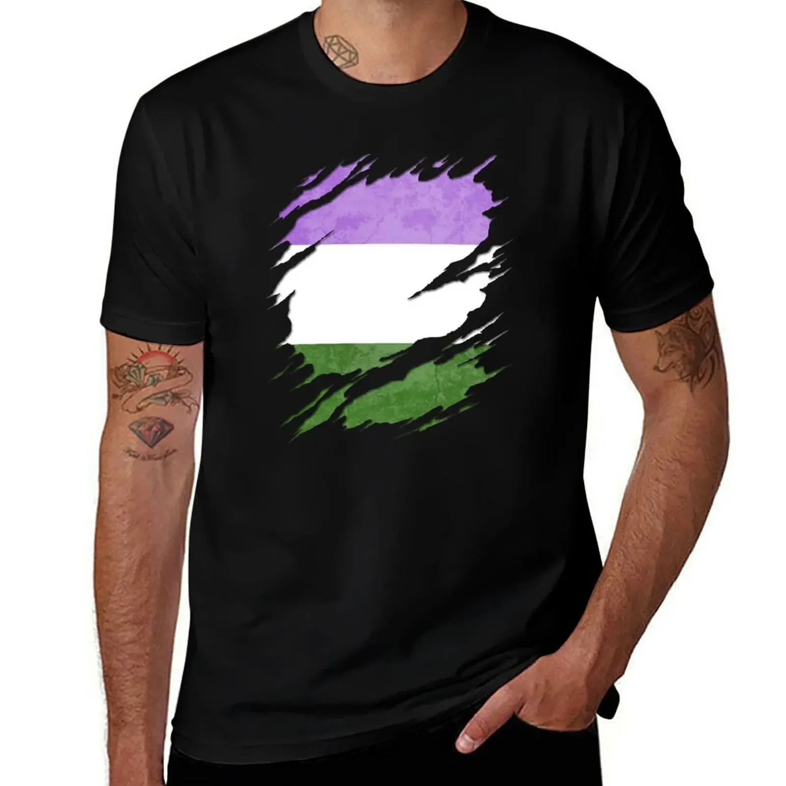 Genderqueer Pride Flag Ripped Reveal T-Shirt plain tops heavyweights Blouse mens t shirts top quality