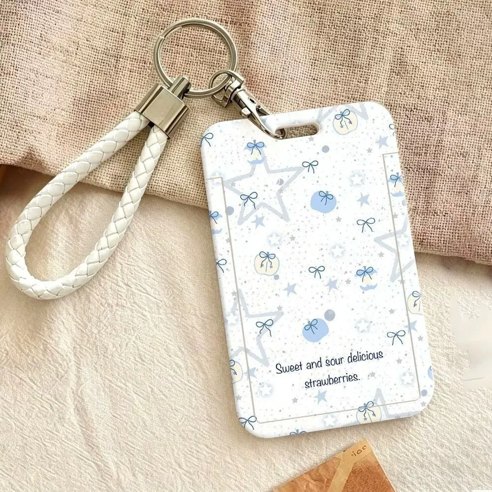 Hard Plastic Card Holder Slide Cover Blue Star Pattern ID Badge Holder with Wrist Lanyard Polka Dots Access Control Card Holder