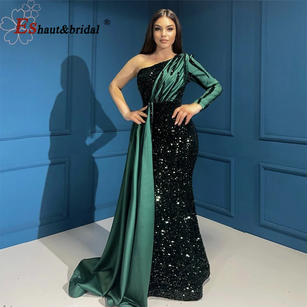 Elegant Wedding Evening Night Dress for Women 2023 Long Sleeves Mermaid Sequin Velvet One Shoulder Formal Prom Party Gowns