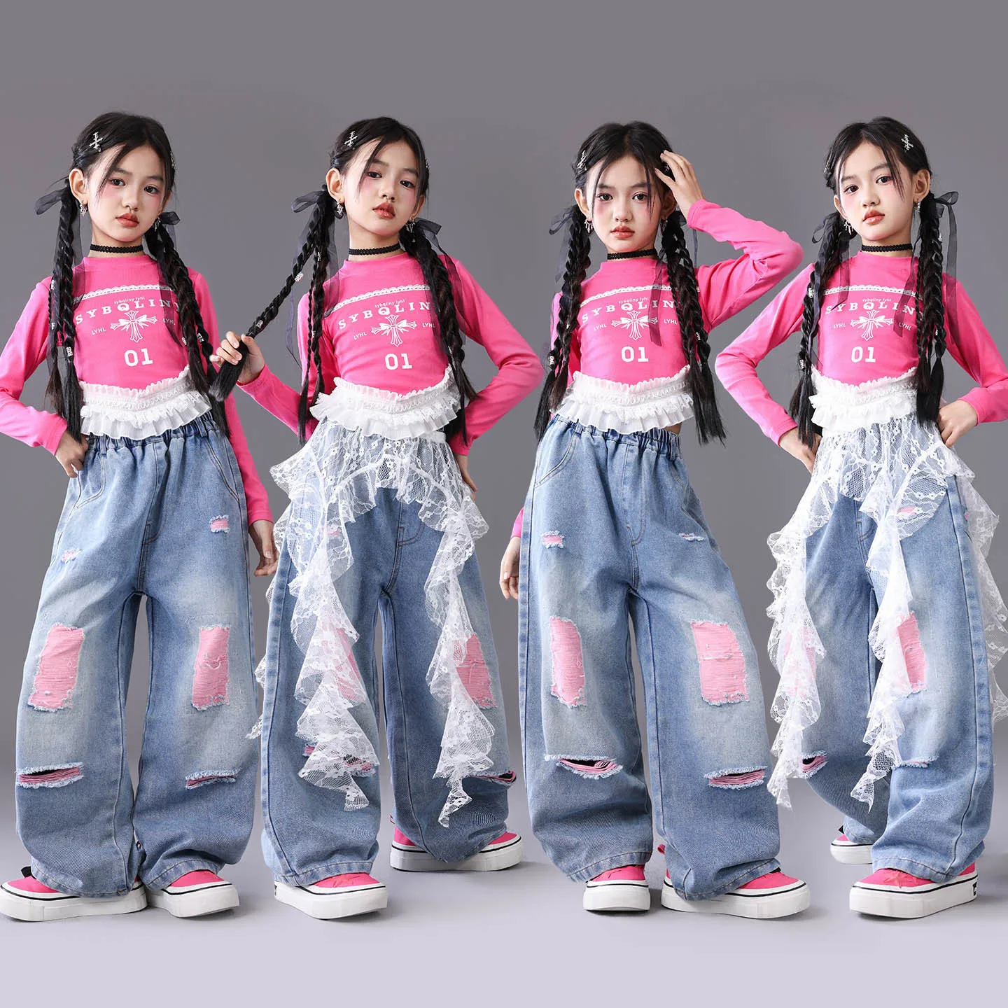 Children Team Clothes Jazz Dance Clothes Hip Hop Costumes Long Sleeve Top Jeans Skirt Suit Street Dance Wear