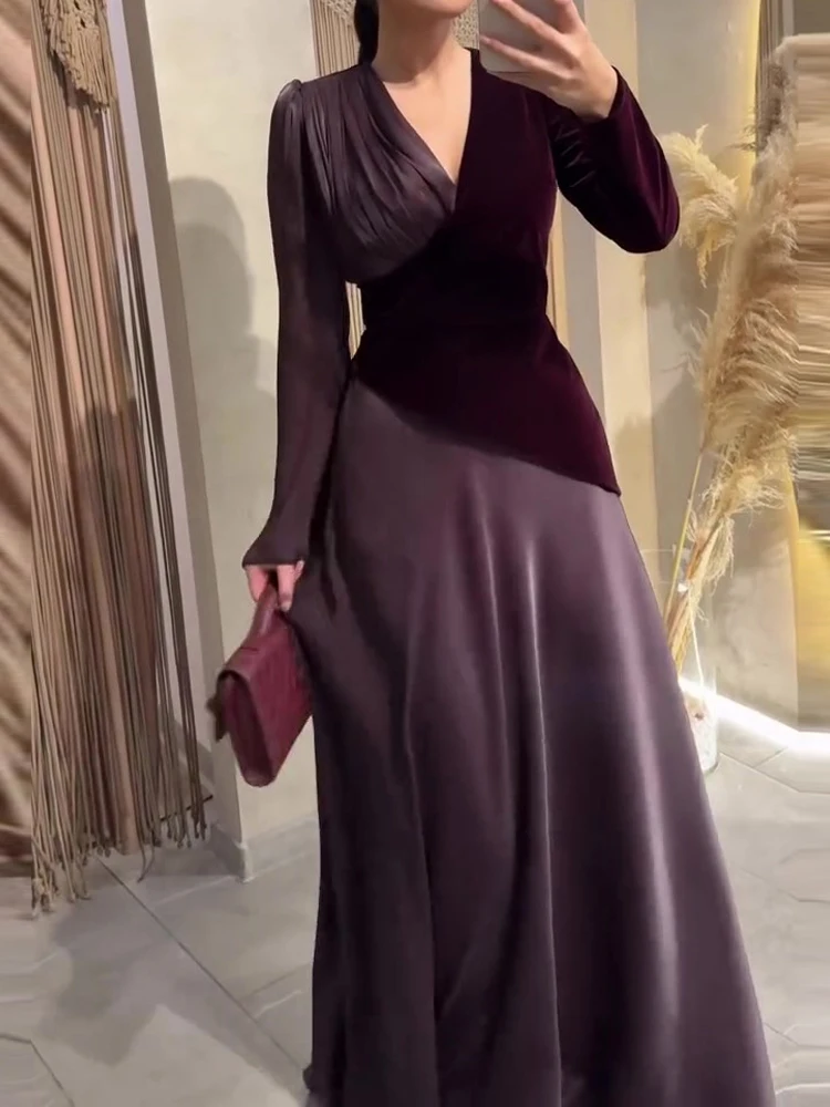 Women Sexy V-neck Long Sleeve Evening Dress Fashion Hight Waist Slim Long Party Dress Elegant Contrasting Colors Prom Gown Dress