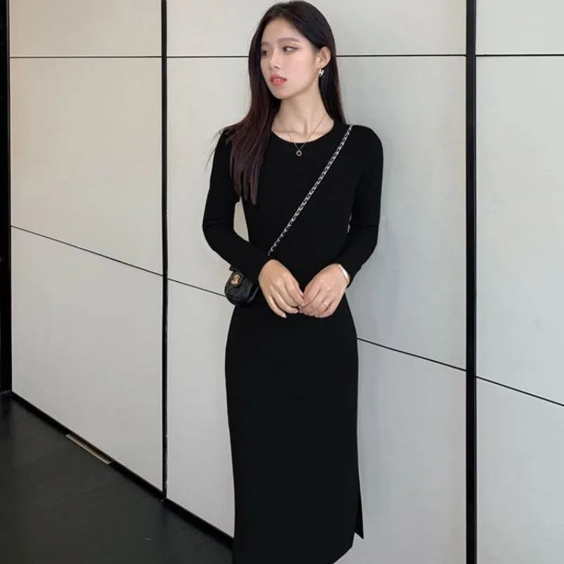 Crochet Party Midi Prom Clothing Knee Length Cover Up Women's Dresses Formal Solid Black Split Sexy Daring Female Dress Y2k Knit