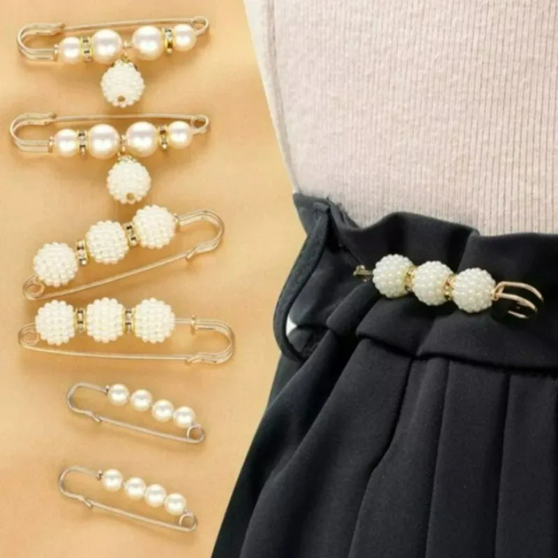 6Pcs/set Womens Korean Style Pearl Waist Buckle Brooch Set Adjustable Overall Safety Pins Alloy Decorative Clips for Jeans Dress