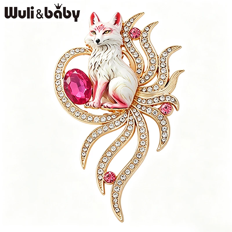 Wuli&baby Charming Fox Brooches 4-color Rhinestone Beautiful 9-tails Fox Spirit Party Casual Brooch Pin Gifts