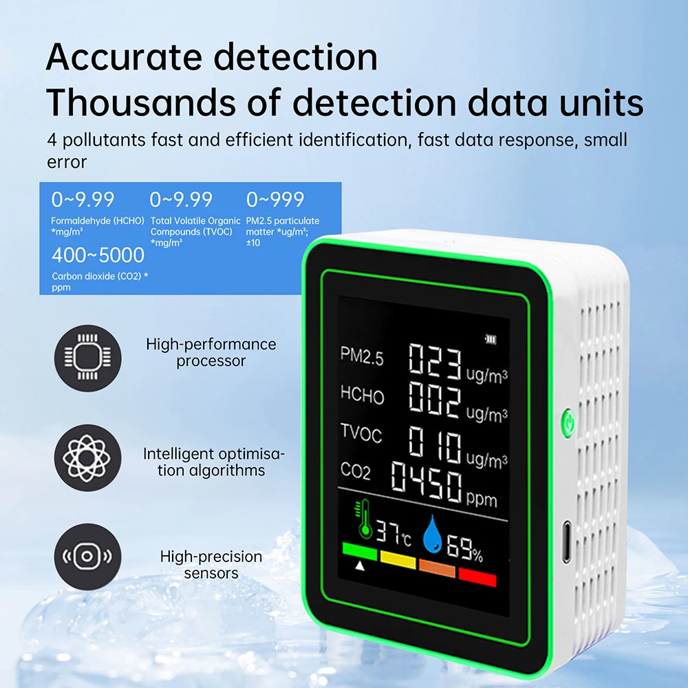 ใหม่ 6 In 1 Air คุณภาพเครื่องตรวจจับไดออกไซด์ CO2 HCHO TVOC PM2.5 อุณหภูมิและความชื้น Air คุณภาพสําหรับ Home & Office