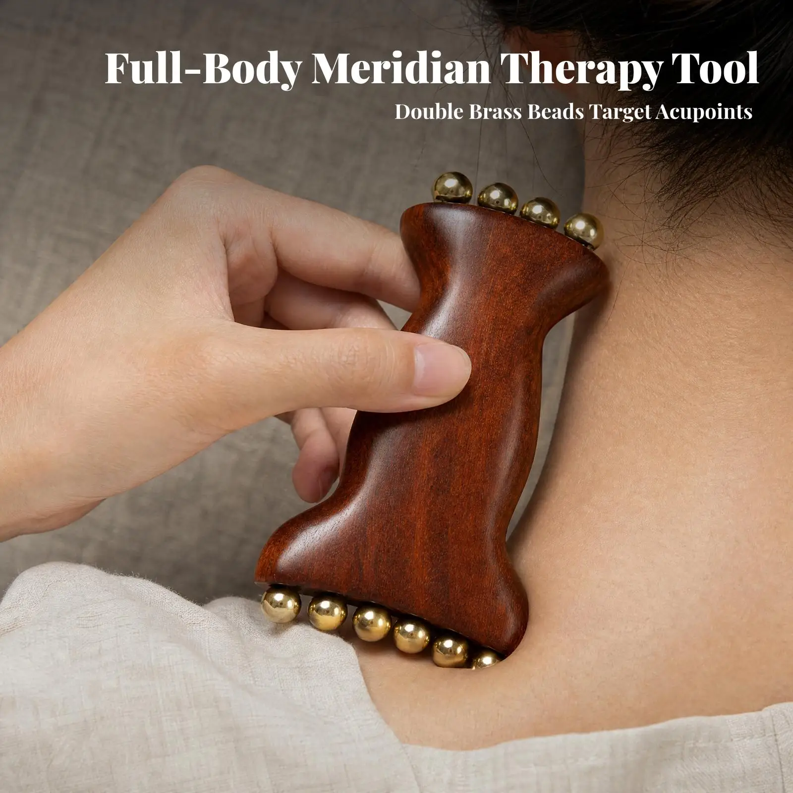 Wooden Body Massage Scraper with Brass Rolling Beads for Face Jawline and Full Body Wellness Gua Sha Tool