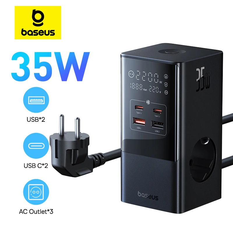 Baseus 35W Fast Charger Digital Power Strip 7-in-1 Charging Station 4000W Rated Power Digital Display For Samsung iPhone Xiaomi
