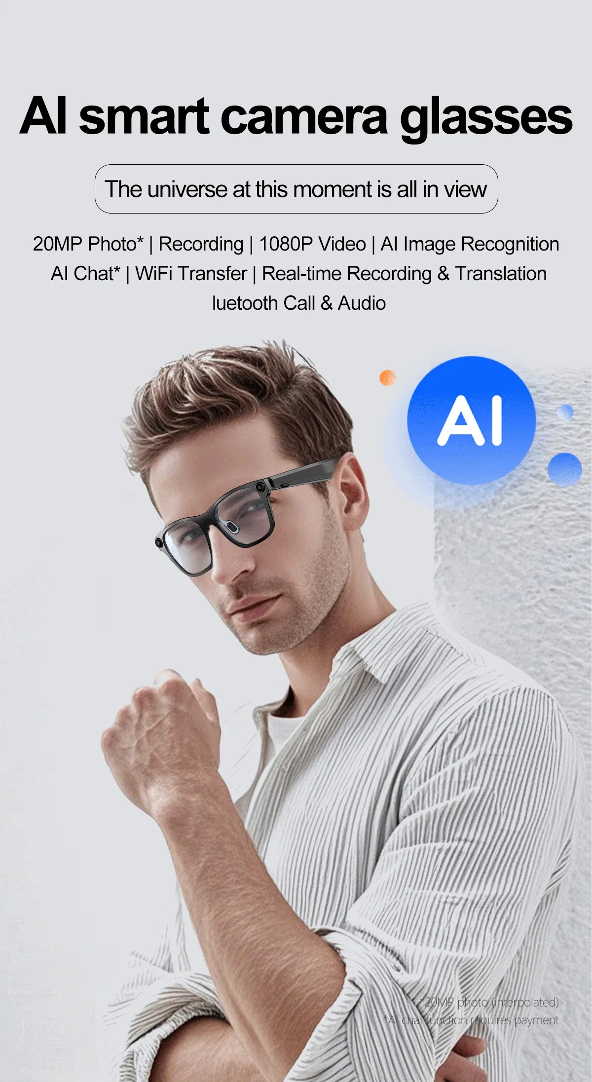 

Умные очки AI с HD-камерой 100 Вт, анти-синие солнцезащитные очки, голосовой помощник, фото, видео, музыка, звонки, умные очки для мужчин и женщин
