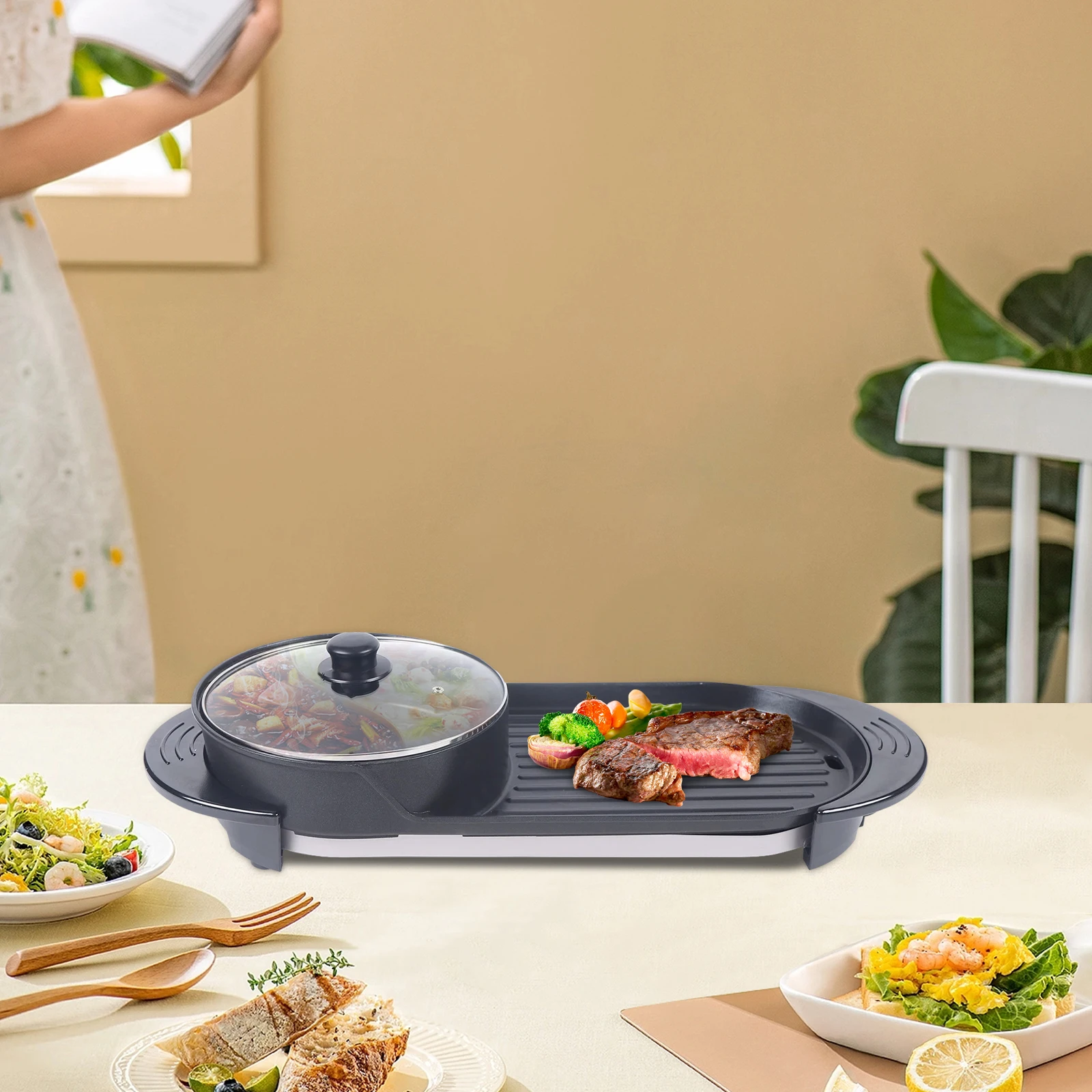 

High-Power 2200W Hot Pot Grill Combo Non-Stick Surface Safe Heat Shield For Home Dinner Banquets