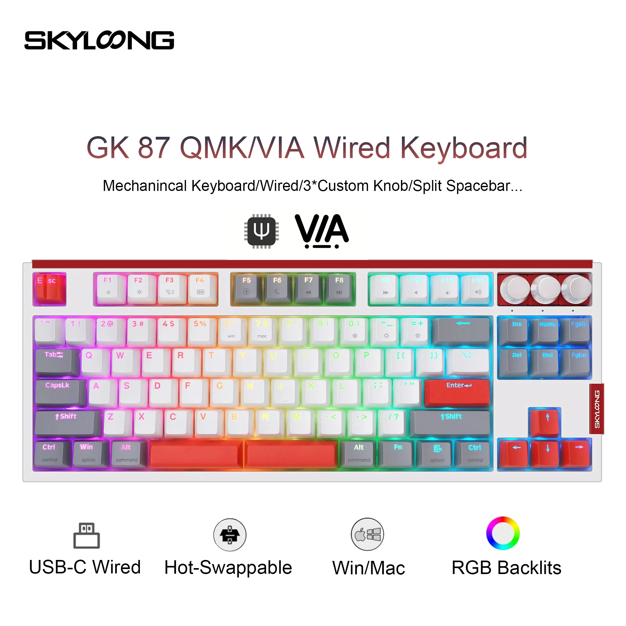 

SKYLOONG GK87 QMK/VIA Проводная клавиатура Оптический переключатель RGB-подсветка с возможностью горячей замены 3 ручки Полупрозрачный колпачок из ПБТ Игровая клавиатура с разделенным пространством