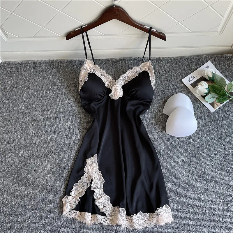 Ice Silk Pajamas Women Summer Sexy Side Slit Sling Nightdress With Chest Pad Gathered Lace Deep V-neck Temptation Short dress