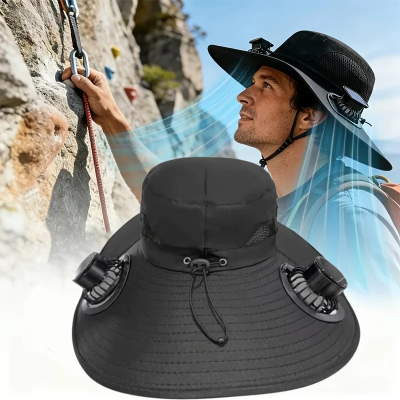 Quick Dry Men Sun Hat with Solar Powered Fan Large Size USB Rechargeable Outdoor Cap for Hiking Camping Fishing UV Protection