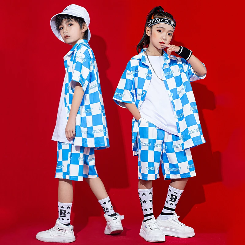 Vêtements d'été pour enfants filles, Costume Hip Hop pour garçons, chemises à treillis bleu, Shorts Kpop, tenue de spectacle de danse de rue, vêtements Rave BL8160, nouvelle collection