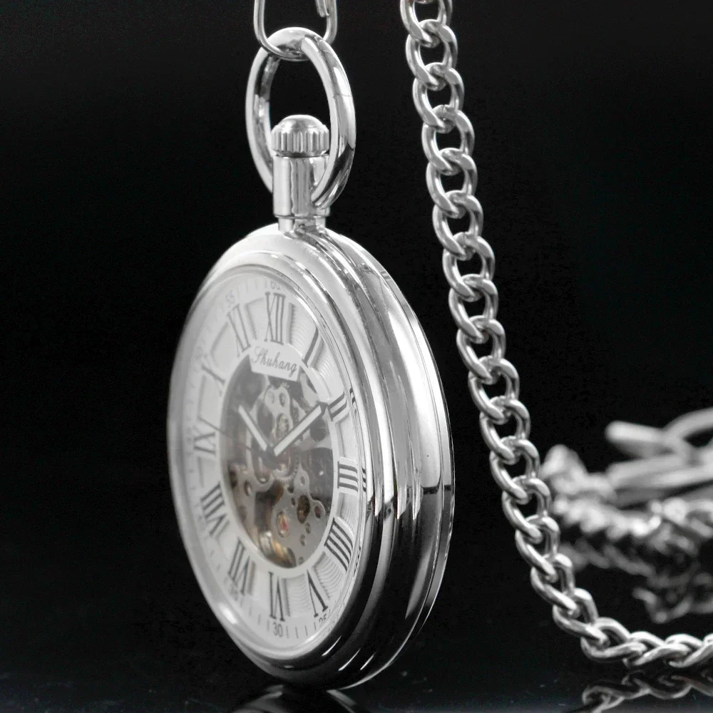 

10pcs/lot Wholesale Luxury Mechanic Watch Men Automatic Self Winding Pocket Watch Silver Open Face Chain Pendant